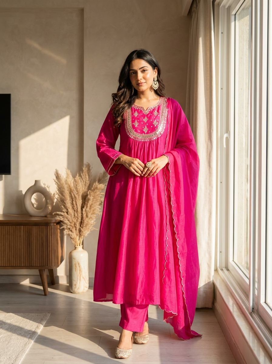 Fuchsia Glow Chanderi 3-Piece Set {1024}