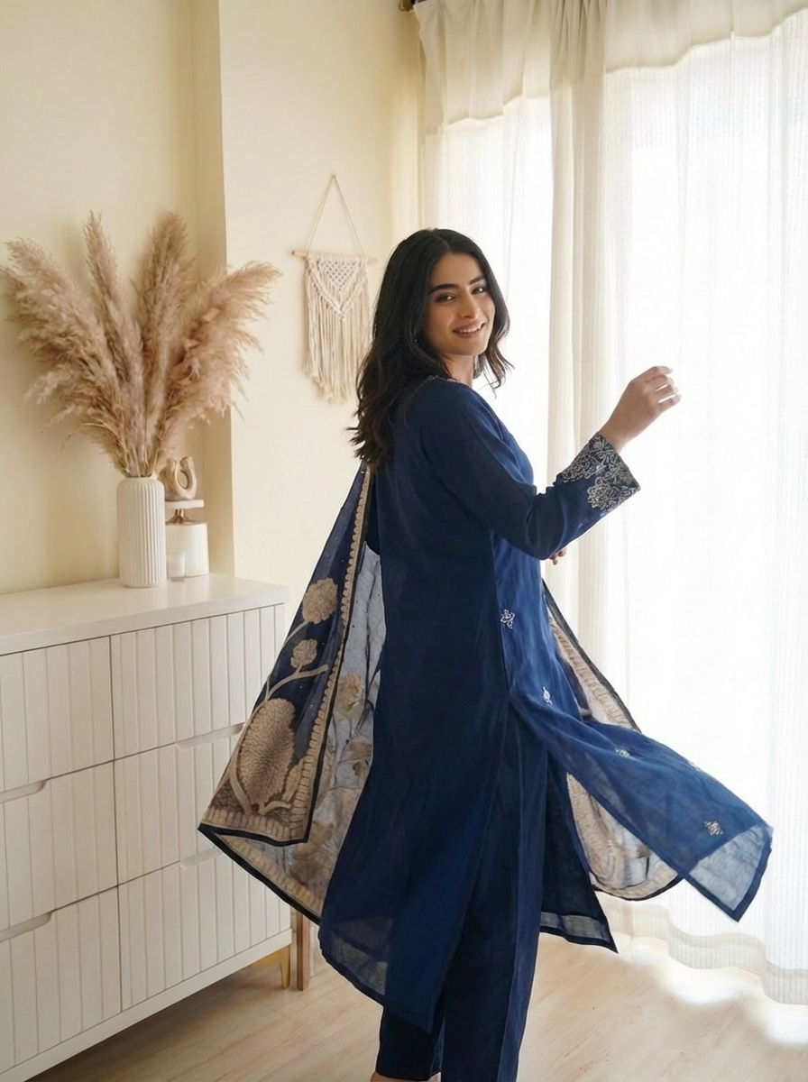 Navy Blue Embroidered Muslin 3-Piece Set - {2020}