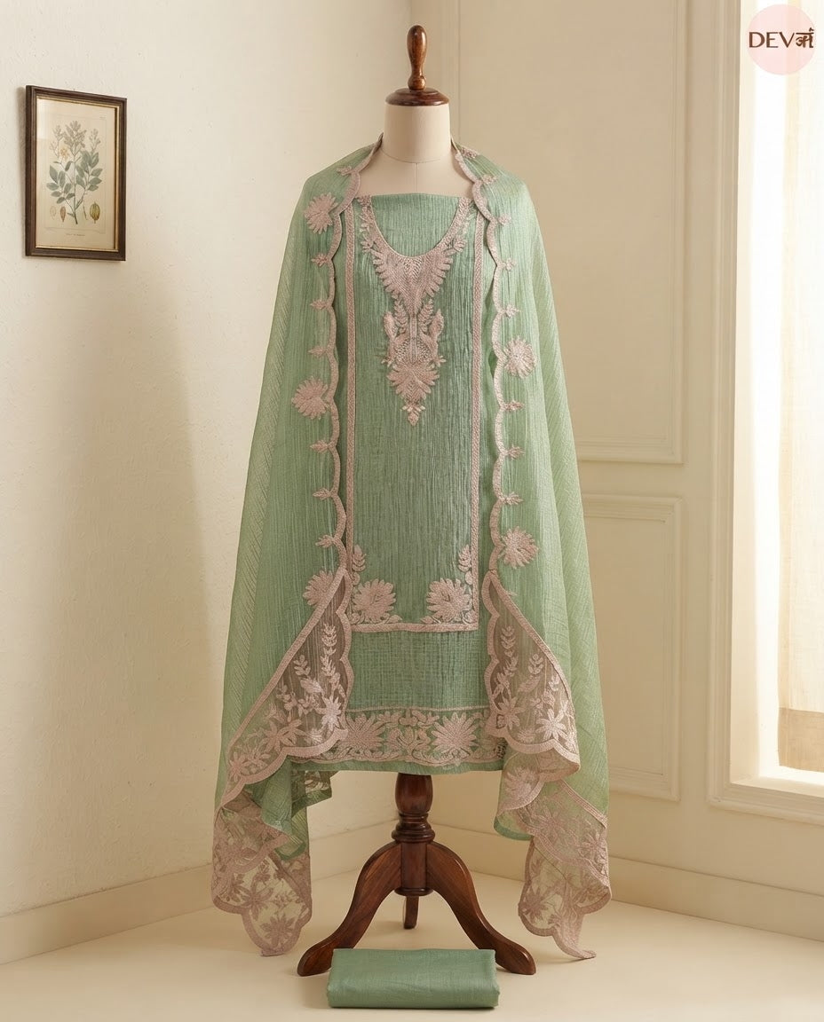 Green Tissue Crush Silk Embroidered Unstitched 3-Piece Suit (Devri – D.No 13523)