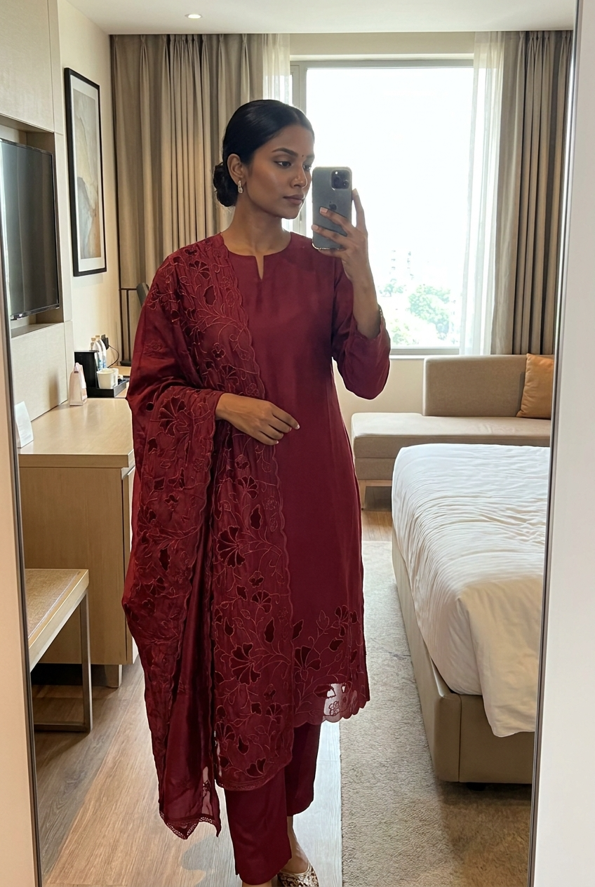 Maroon Roman Silk Embroidered Unstitched 3-Piece Suit (Devri – D.No 13187)