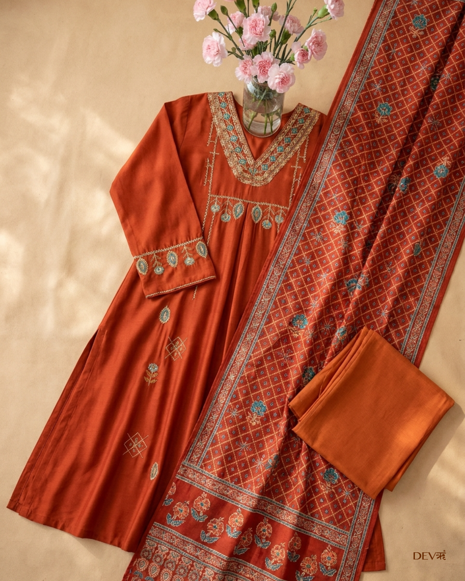 Amara German Reyon Embroidered Rust Red 3-Piece Set (Devri – D.No 20070)