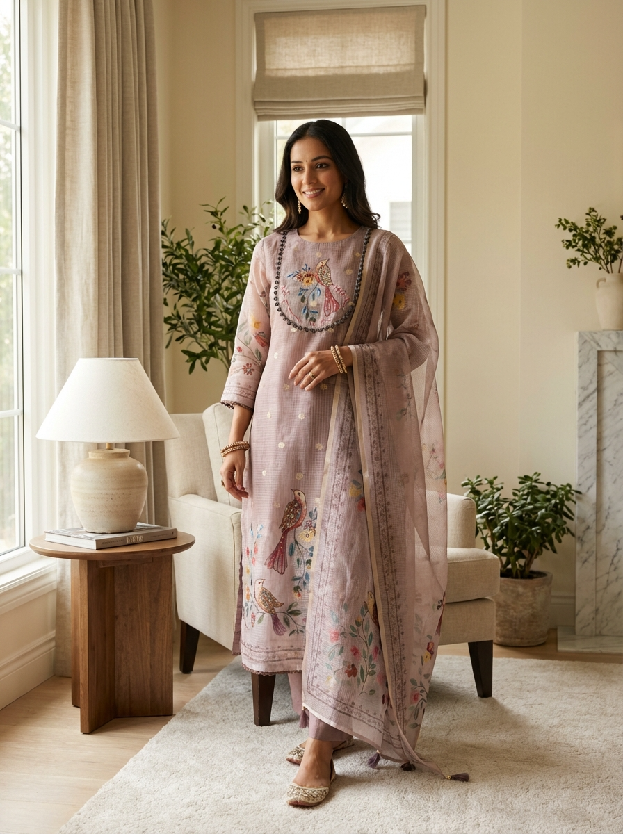 Mauve Kota Printed Unstitched 3-Piece Suit (Devri – D.No 13095)