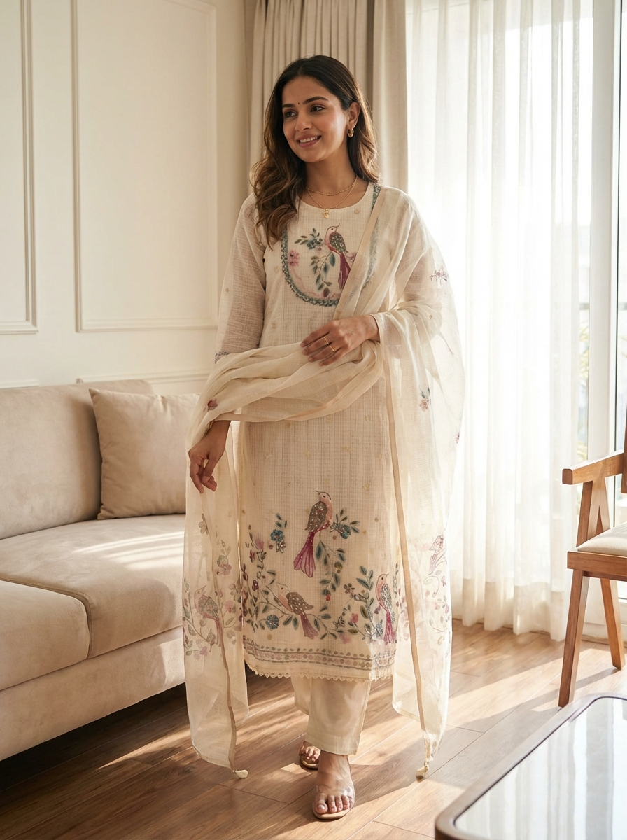 Cream Kota Embroidered Unstitched 3-Piece Suit (Devri – D.No 13093)