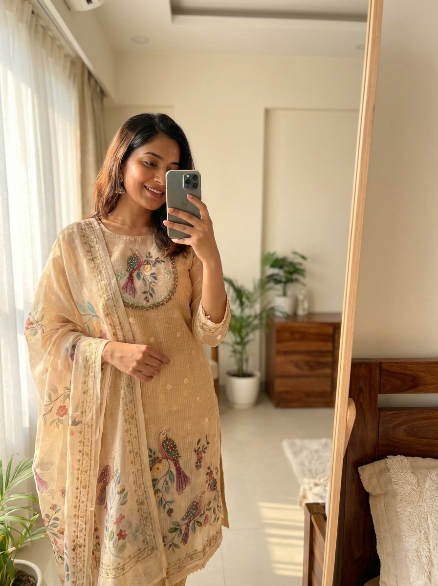 Beige Kota Printed Unstitched 3-Piece Suit (Devri – D.No 13094)