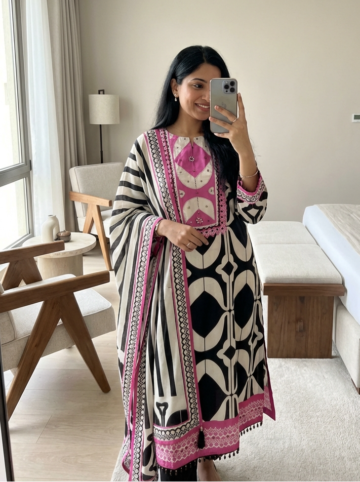 White Muslin Printed Unstitched 3-Piece Suit (Devri – D.No 13097)