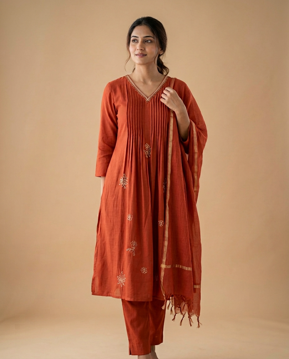 Sangria rust Mul Chanderi Embroidered 3-Piece Set - {1080}