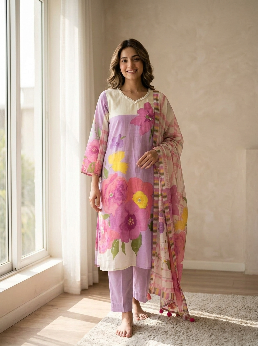Sia Pure Cotton Printed Lavender & Ivory 3-Piece Set (Devri – D.No 20089)