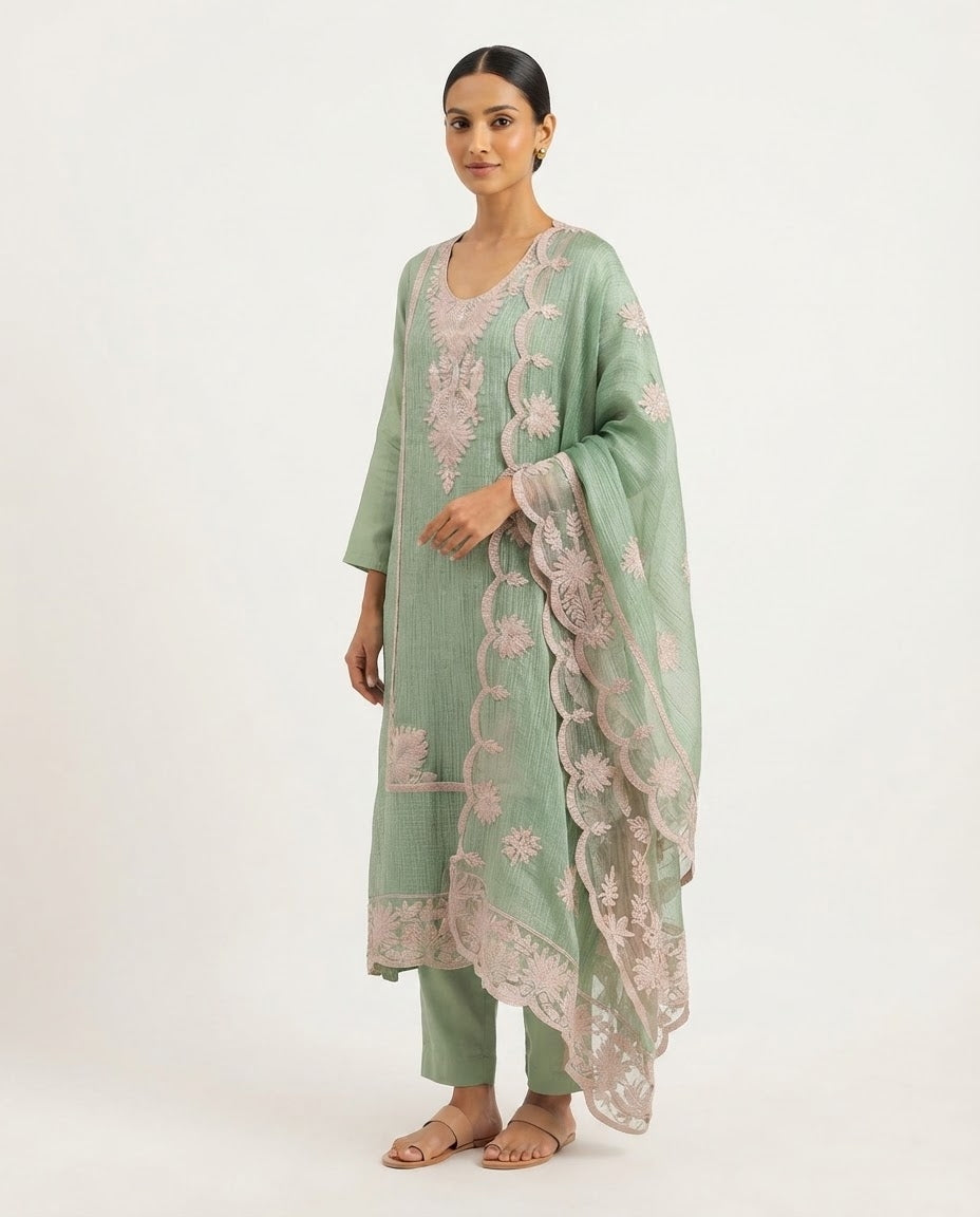 Green Tissue Crush Silk Embroidered Unstitched 3-Piece Suit (Devri – D.No 13523)