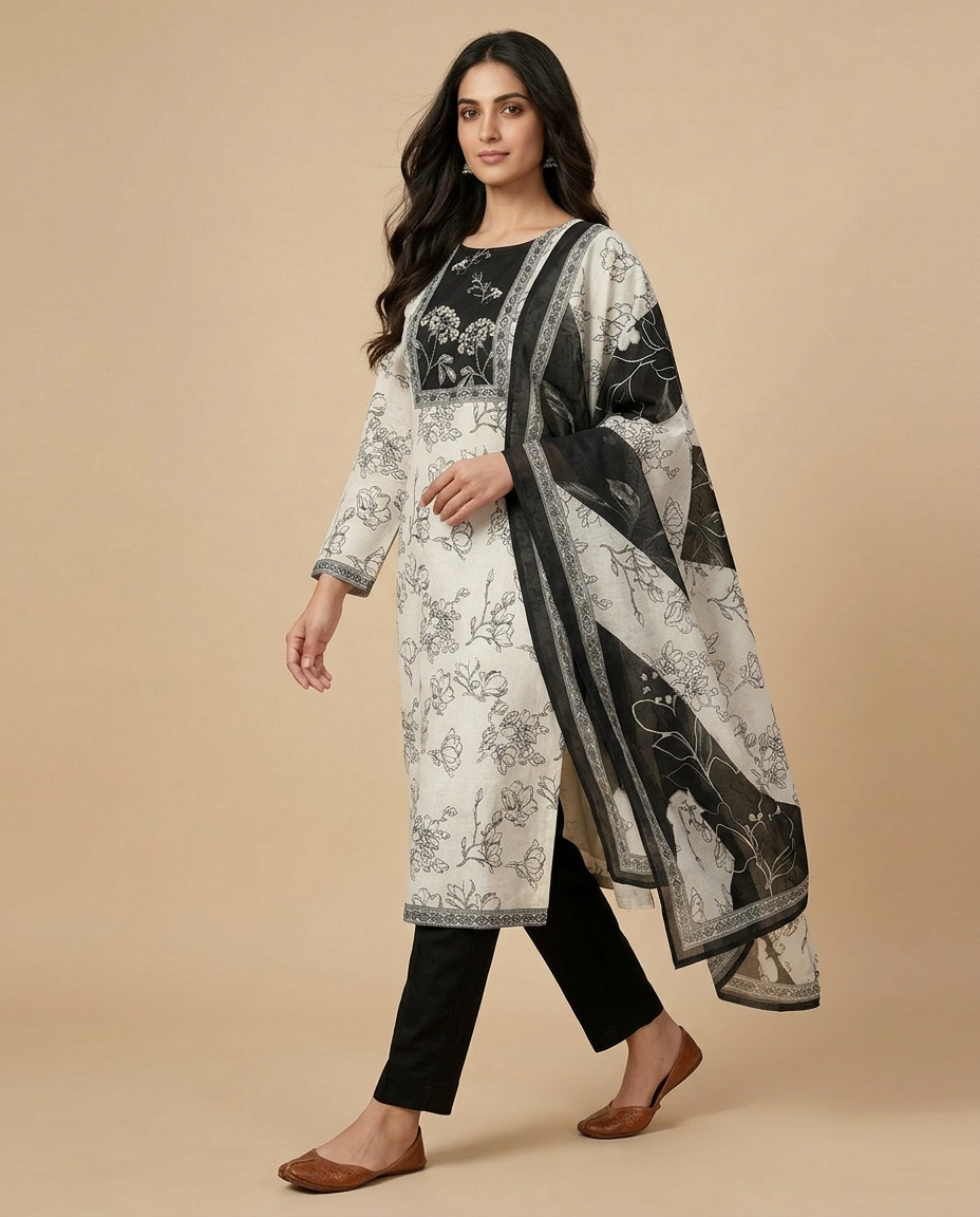 White Linen Cotton Printed Unstitched 3-Piece Suit (Devri – D.No 12858)