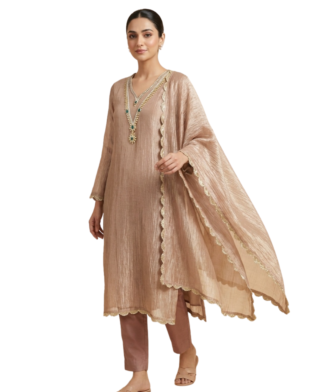 Brown Tissue Crush Hand Unstitched 3-Piece Suit (Devri – D.No 13524)