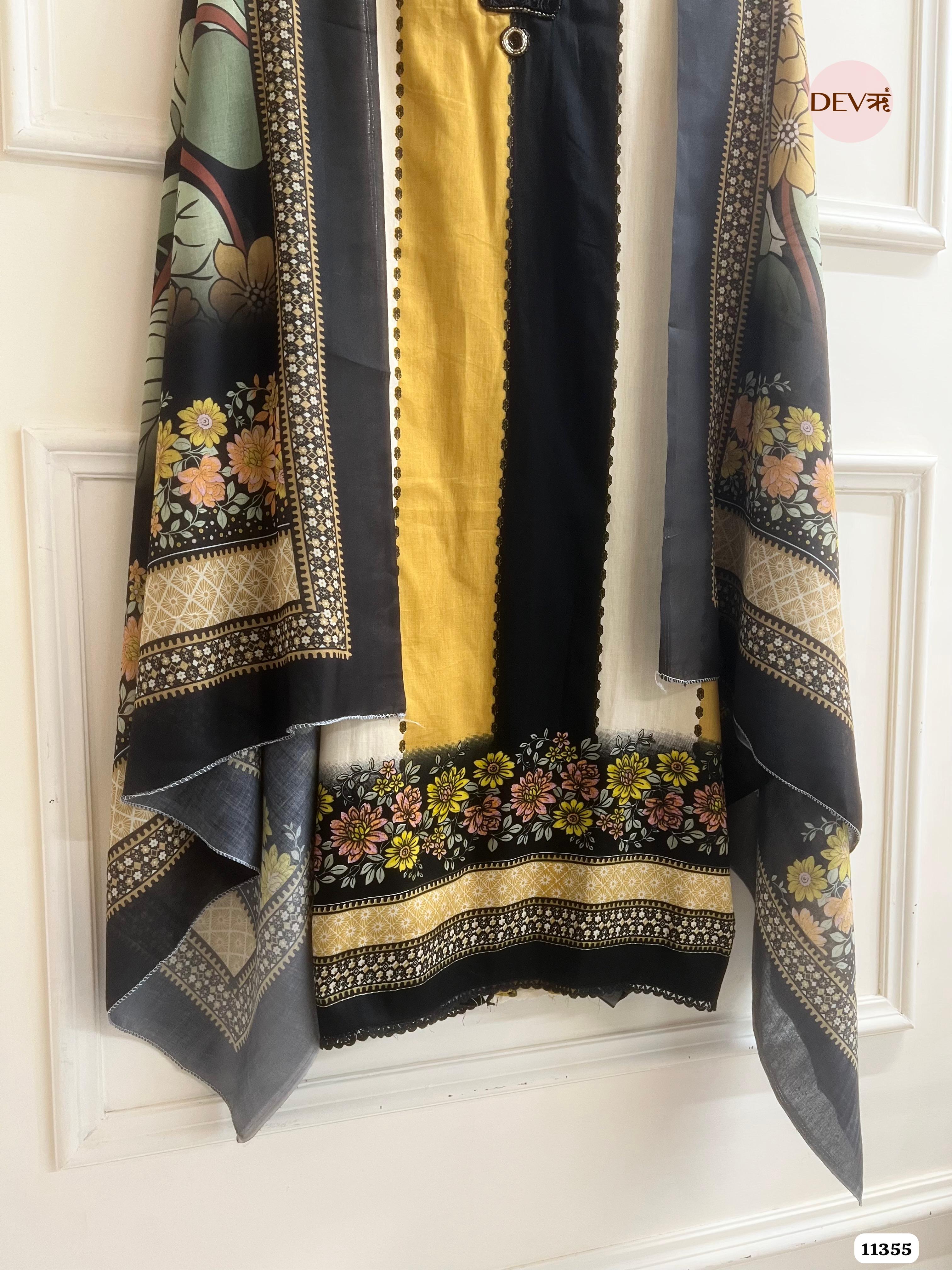 YellowCotton Unstitched Embroidered Printed -Set Of 3 {11355}