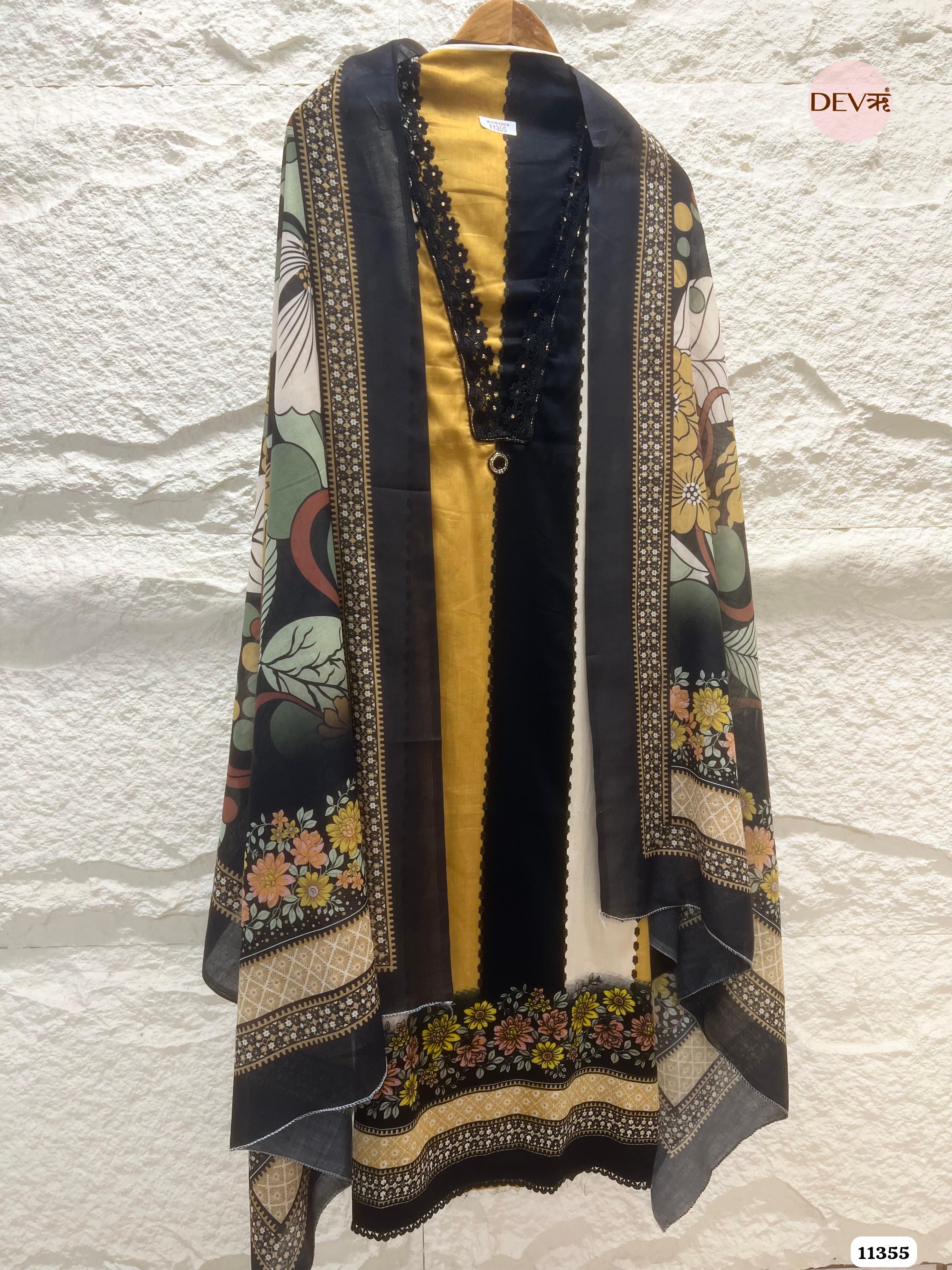 YellowCotton Unstitched Embroidered Printed -Set Of 3 {11355}