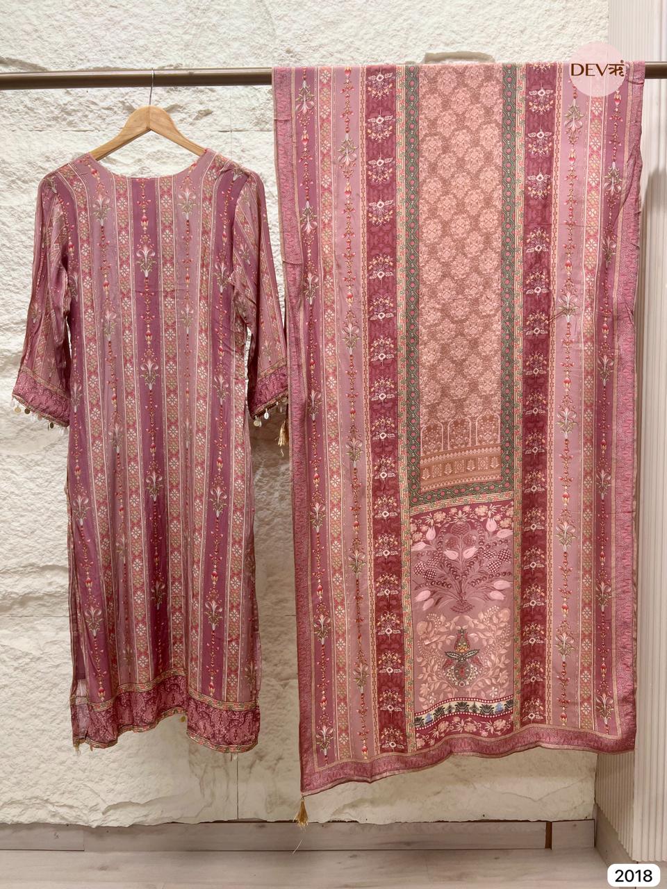 Gulnaar  rose tone Muslin Printed 3-Piece Set (Devri – D.No 2018)