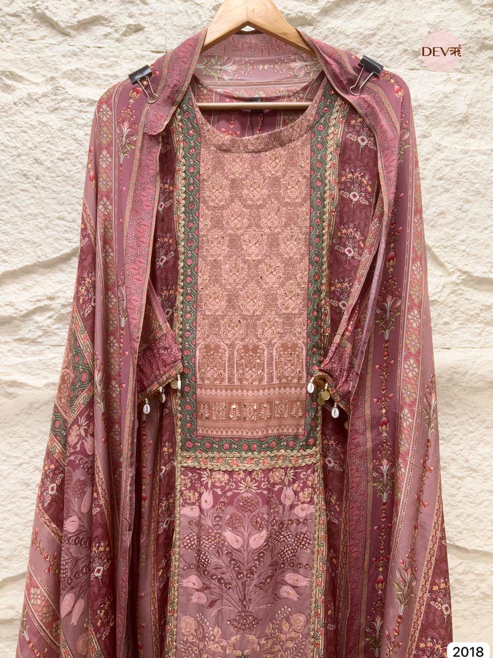 Gulnaar  rose tone Muslin Printed 3-Piece Set (Devri – D.No 2018)