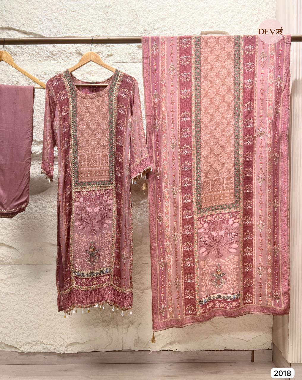 Gulnaar  rose tone Muslin Printed 3-Piece Set (Devri – D.No 2018)