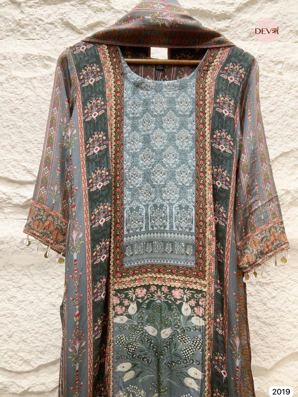 Zarveen Muslin teal and muted grey Printed 3-Piece Set (Devri – D.No 2019)