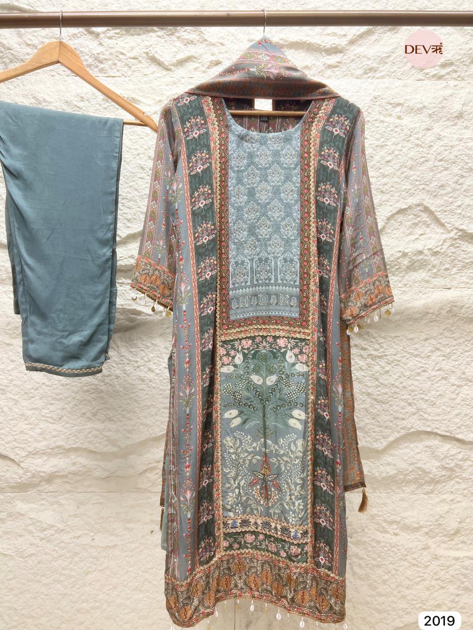 Zarveen Muslin teal and muted grey Printed 3-Piece Set (Devri – D.No 2019)