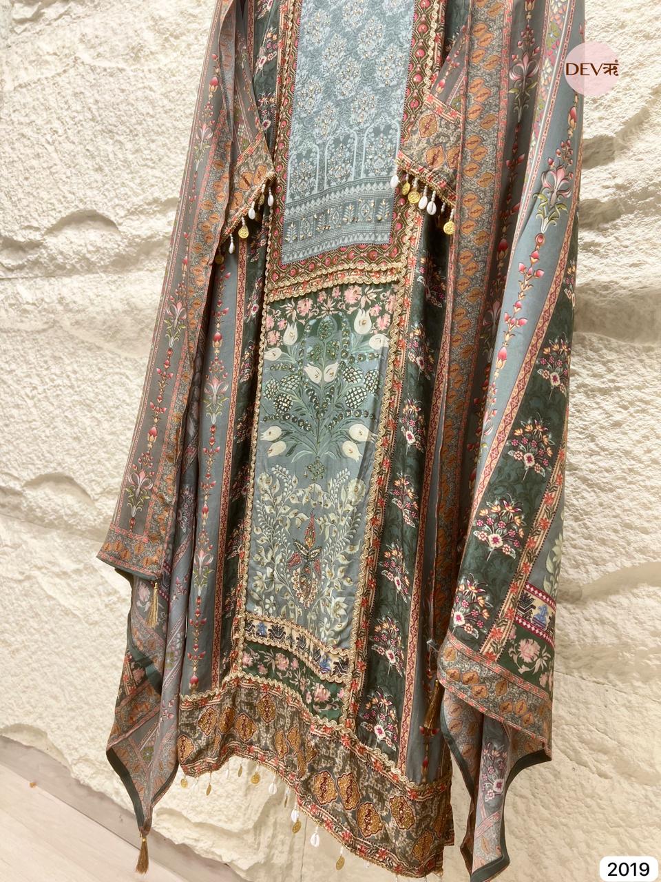 Zarveen Muslin teal and muted grey Printed 3-Piece Set (Devri – D.No 2019)