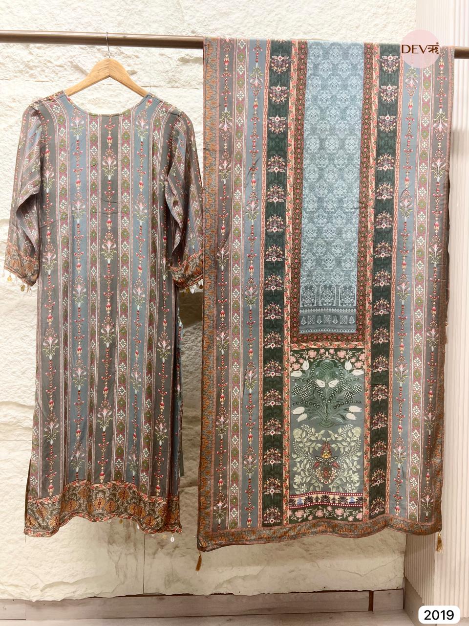 Zarveen Muslin teal and muted grey Printed 3-Piece Set (Devri – D.No 2019)