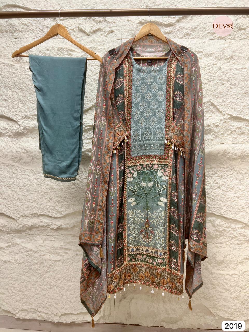 Zarveen Muslin teal and muted grey Printed 3-Piece Set (Devri – D.No 2019)