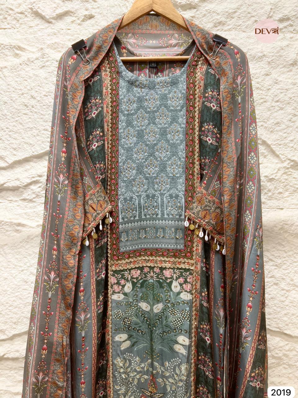 Zarveen Muslin teal and muted grey Printed 3-Piece Set (Devri – D.No 2019)