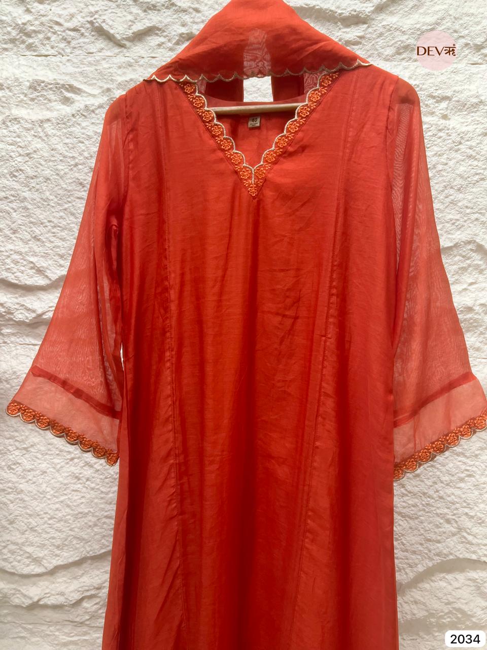 Aarvi Mul Chanderi Coral Embroidered 3-Piece Set (Devri – D.No 2034)