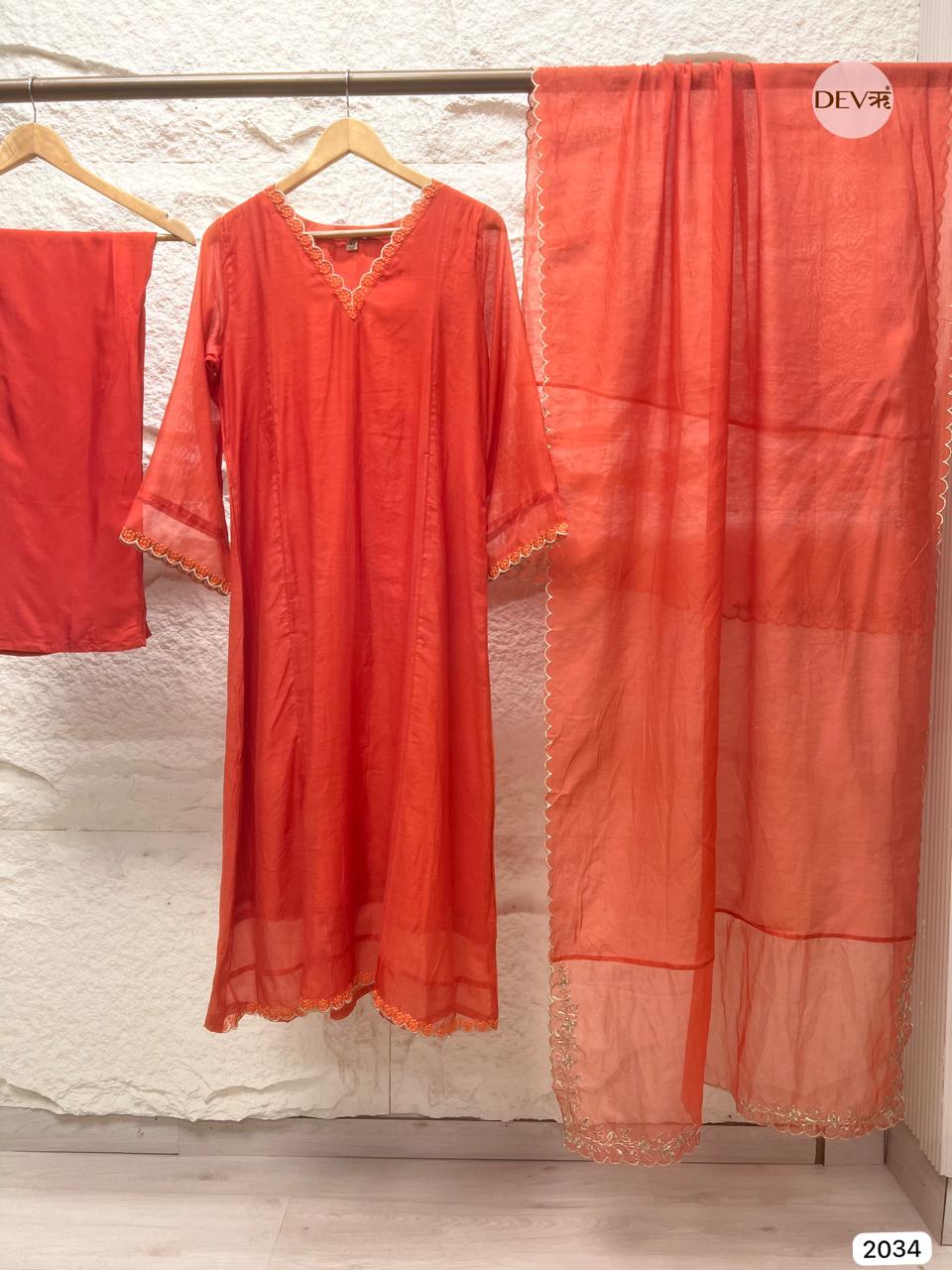 Aarvi Mul Chanderi Coral Embroidered 3-Piece Set (Devri – D.No 2034)