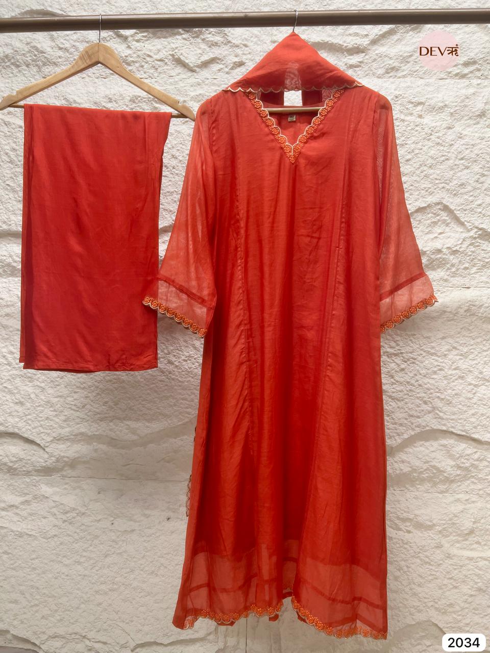 Aarvi Mul Chanderi Coral Embroidered 3-Piece Set (Devri – D.No 2034)