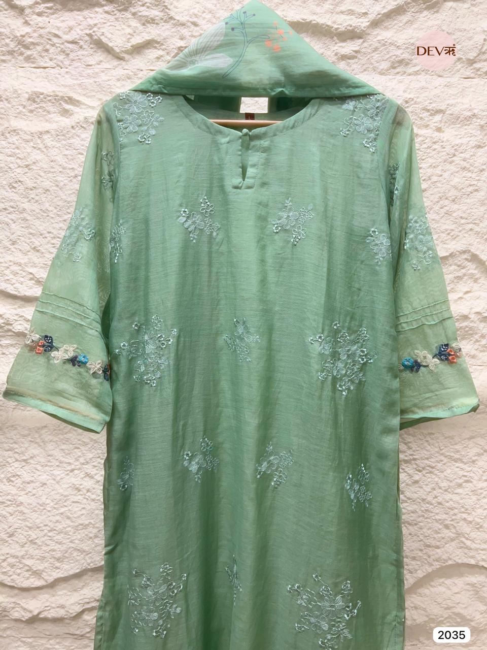 Noorina Mul Chanderi Pastel Green Embroidered 3-Piece Set (Devri – D.No 2035)