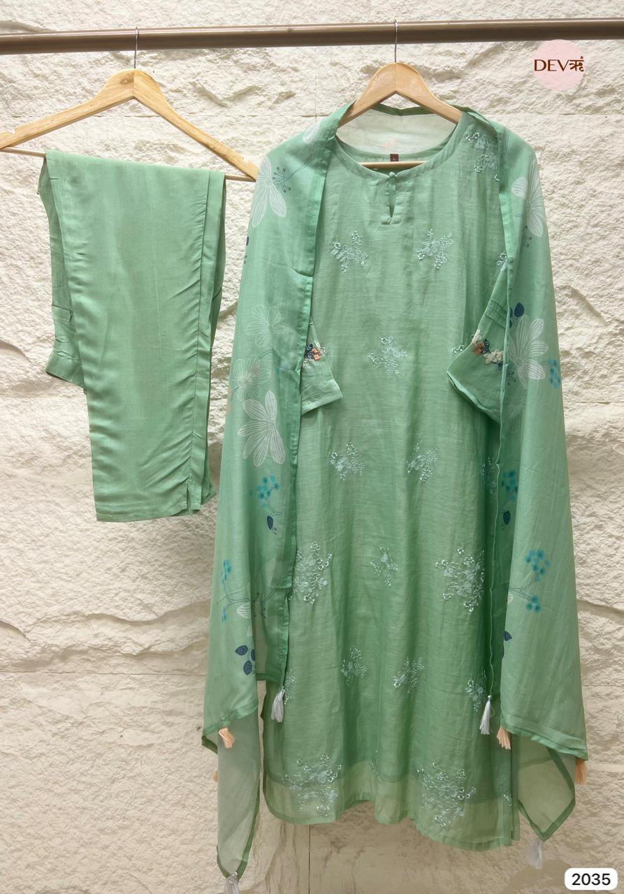Noorina Mul Chanderi Pastel Green Embroidered 3-Piece Set (Devri – D.No 2035)