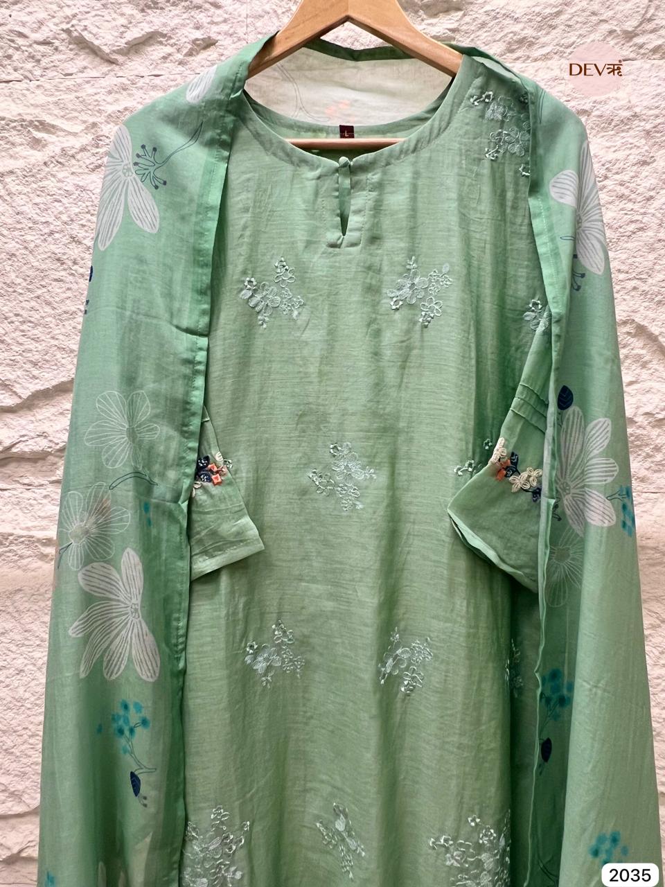Noorina Mul Chanderi Pastel Green Embroidered 3-Piece Set (Devri – D.No 2035)