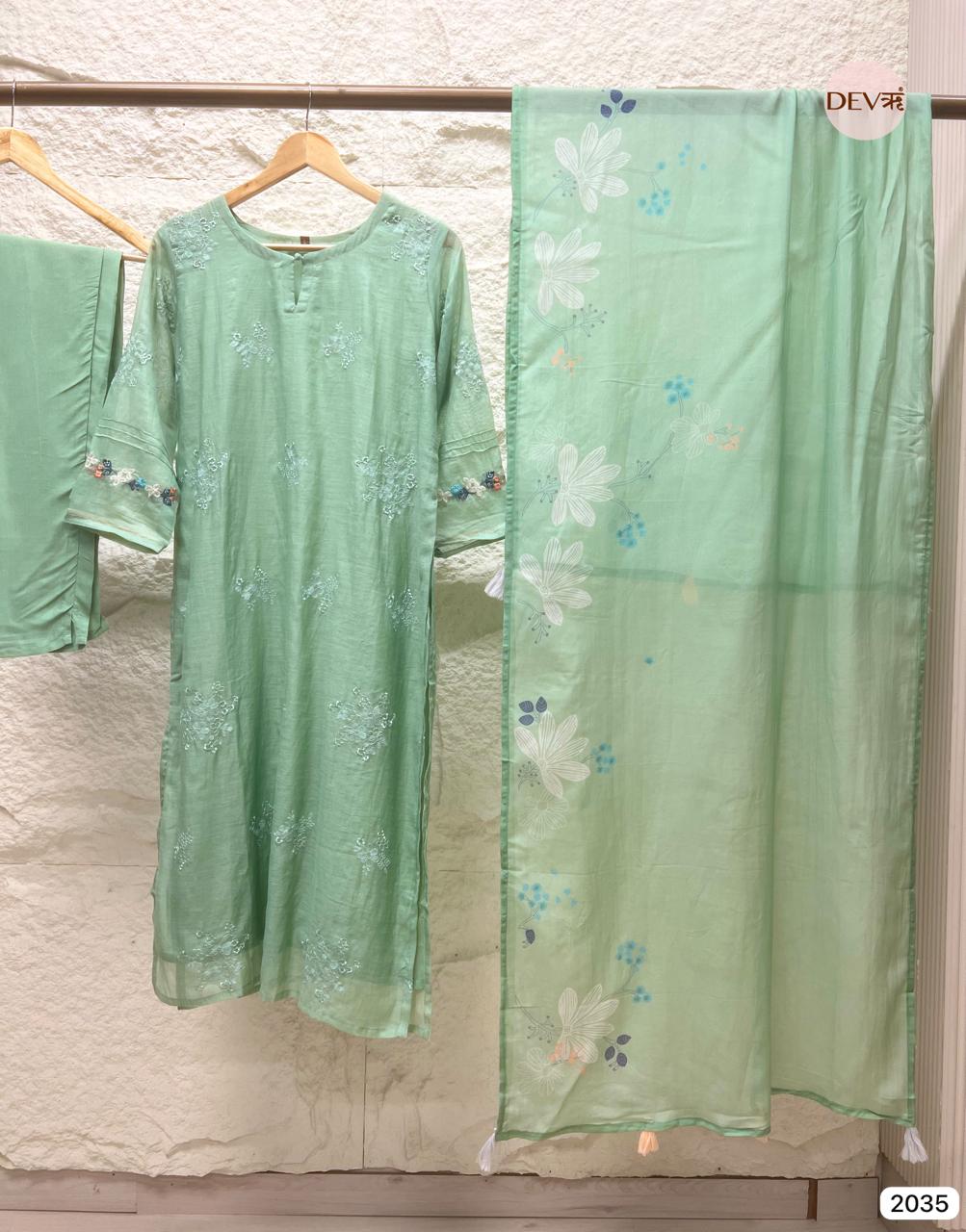 Noorina Mul Chanderi Pastel Green Embroidered 3-Piece Set (Devri – D.No 2035)