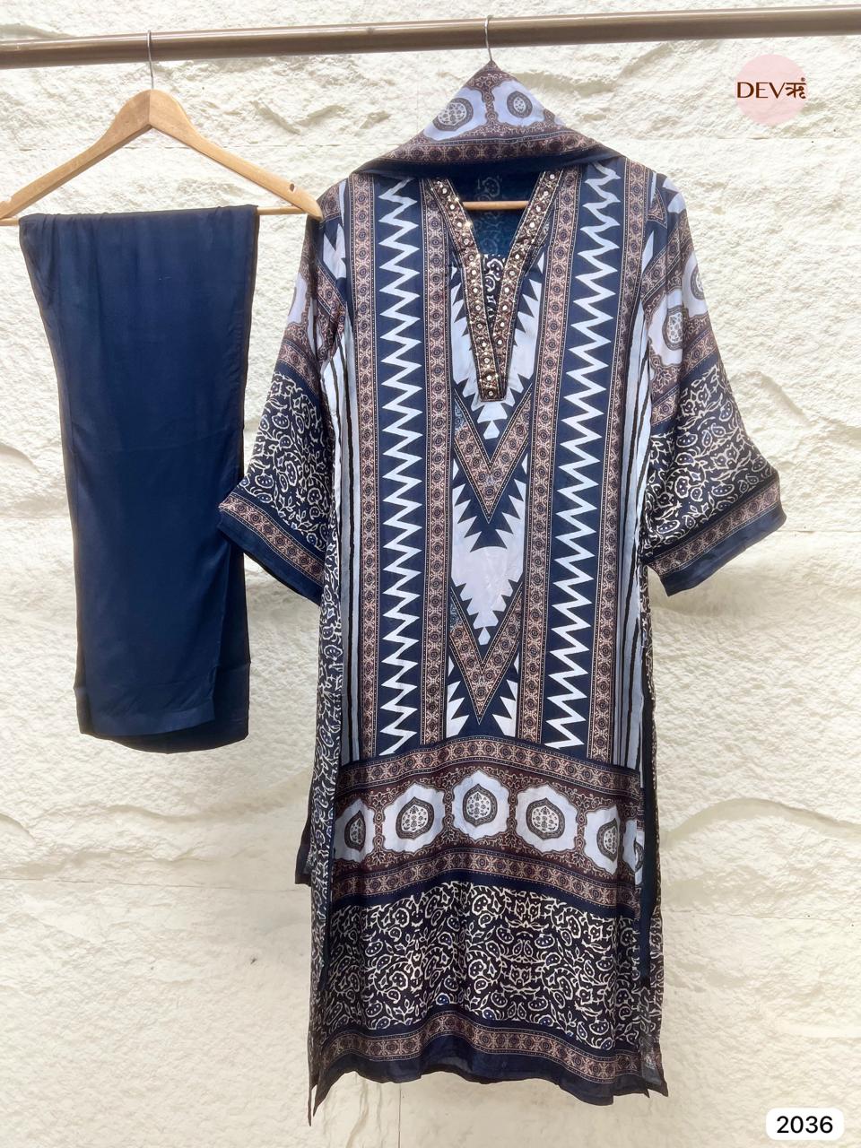 Aarunya Muslin Printed Blue 3-Piece Set (Devri – D.No 2036)