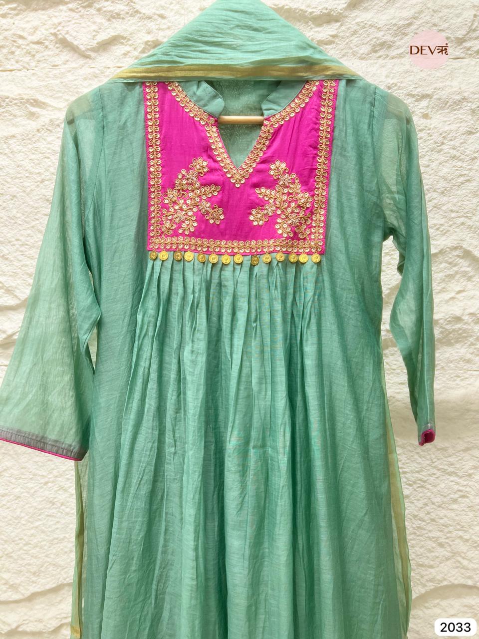 Vedira Chanderi Hand-Embroidered Mint 3-Piece Set (Devri – D.No 2033)