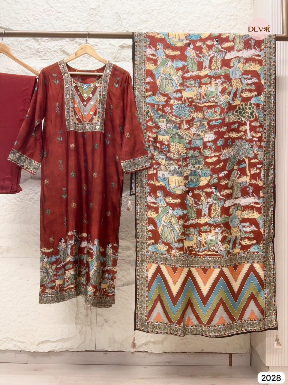 Gulnaar Russian Silk Printed Rust 3-Piece Set (Devri – D.No 2028)