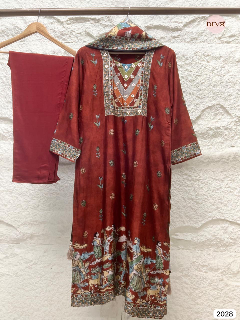 Gulnaar Russian Silk Printed Rust 3-Piece Set (Devri – D.No 2028)