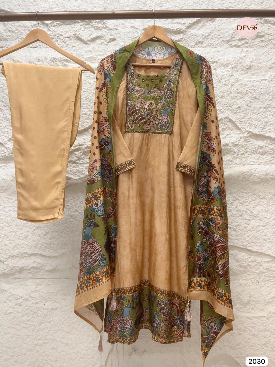 Vinyasa Pure Russian Silk Printed Beige 3-Piece Set (Devri – D.No 2030)