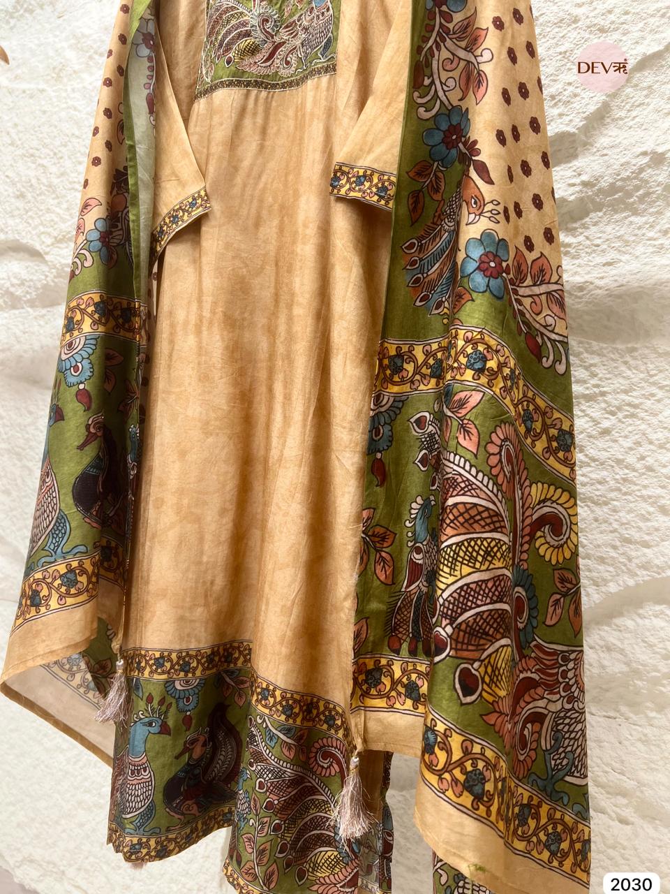 Vinyasa Pure Russian Silk Printed Beige 3-Piece Set (Devri – D.No 2030)