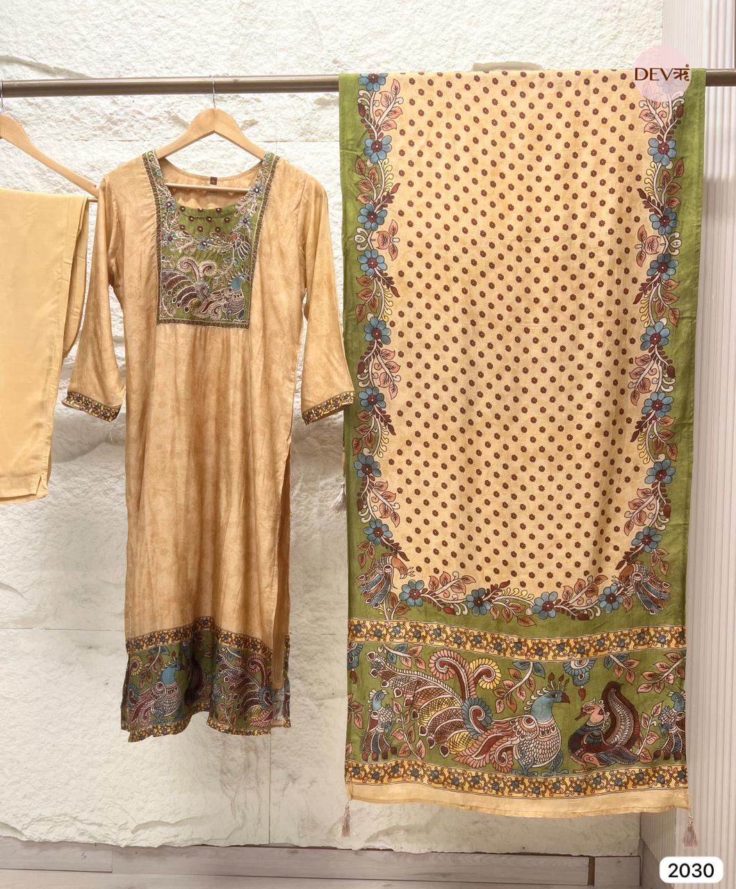 Vinyasa Pure Russian Silk Printed Beige 3-Piece Set (Devri – D.No 2030)