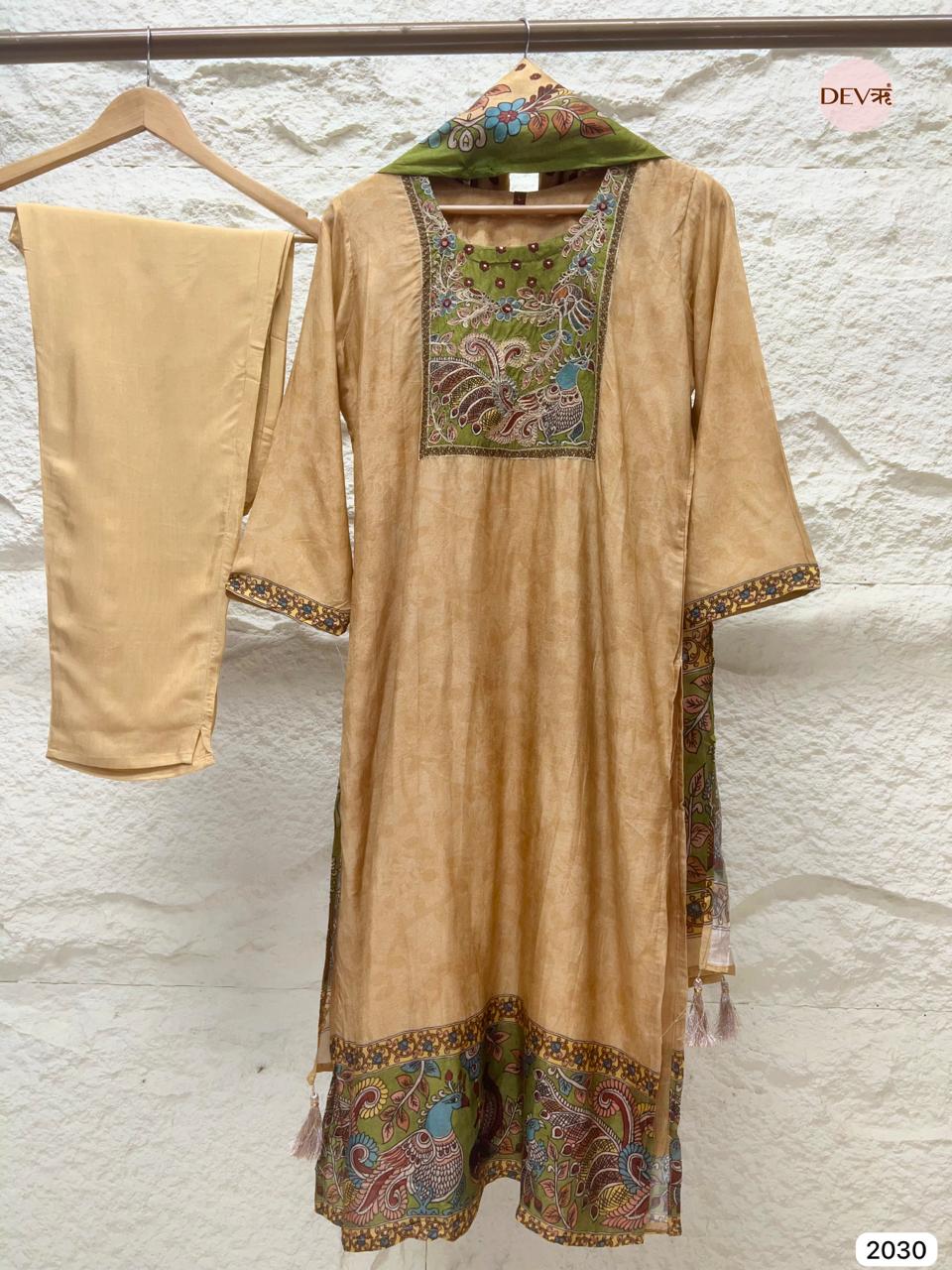 Vinyasa Pure Russian Silk Printed Beige 3-Piece Set (Devri – D.No 2030)