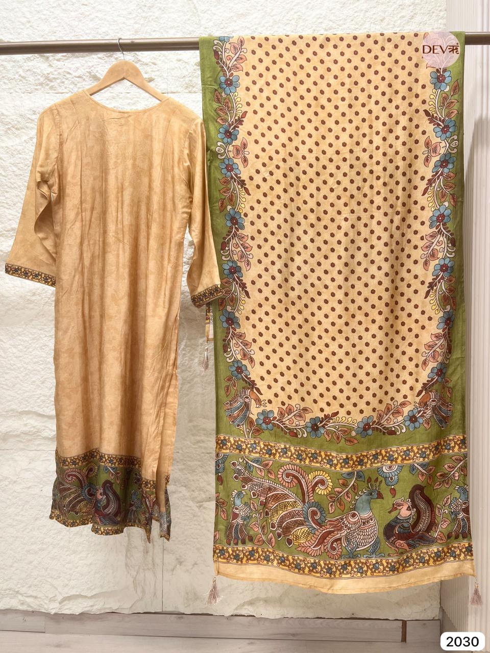 Vinyasa Pure Russian Silk Printed Beige 3-Piece Set (Devri – D.No 2030)
