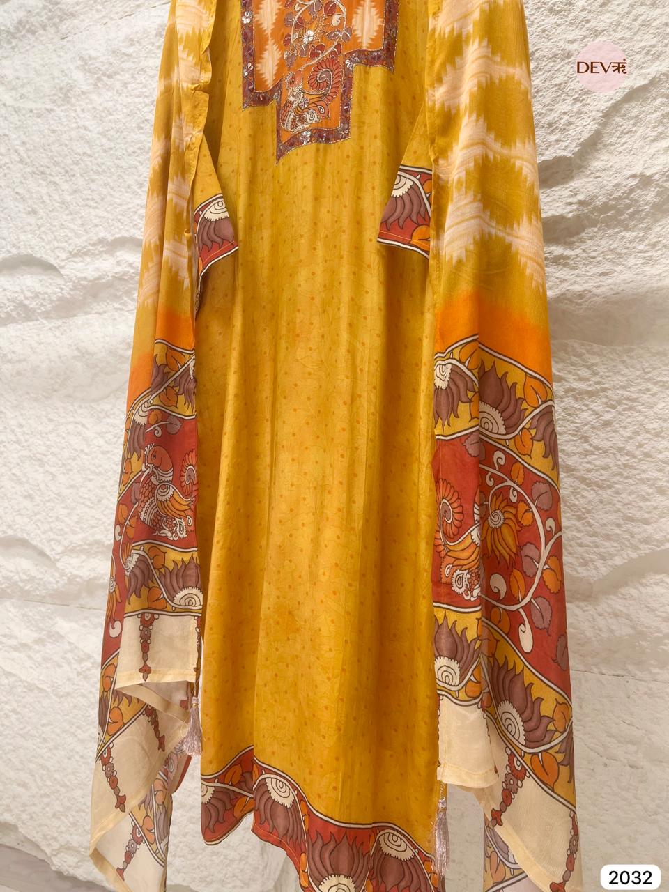 Kesarika Russian Silk Embroidered Mustard 3-Piece Set (Devri – D.No 2032)