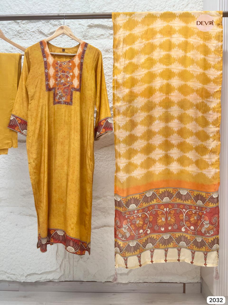 Kesarika Russian Silk Embroidered Mustard 3-Piece Set (Devri – D.No 2032)