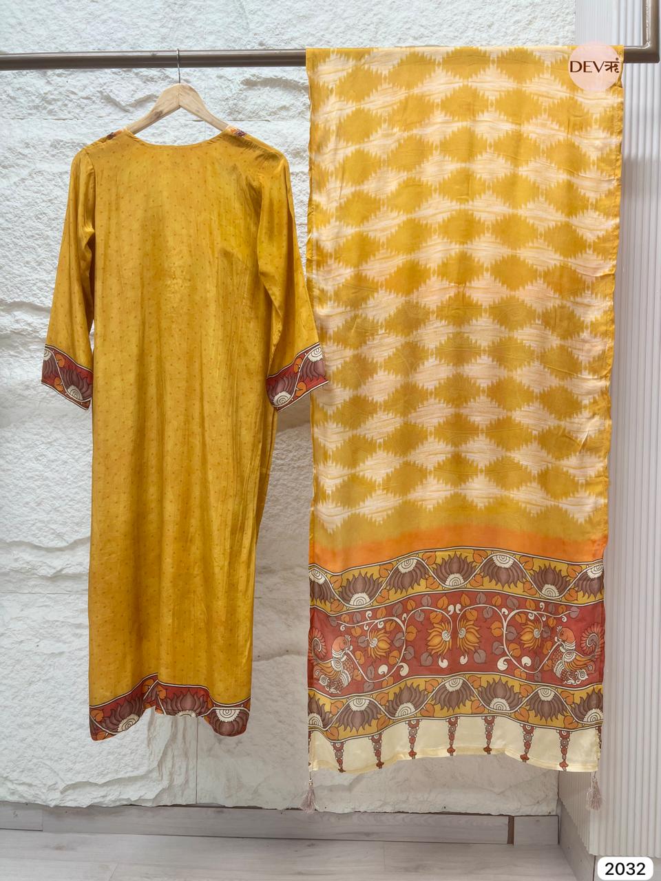 Kesarika Russian Silk Embroidered Mustard 3-Piece Set (Devri – D.No 2032)