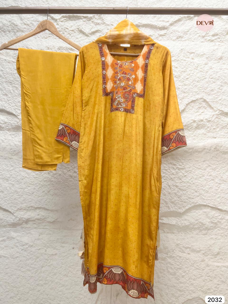 Kesarika Russian Silk Embroidered Mustard 3-Piece Set (Devri – D.No 2032)