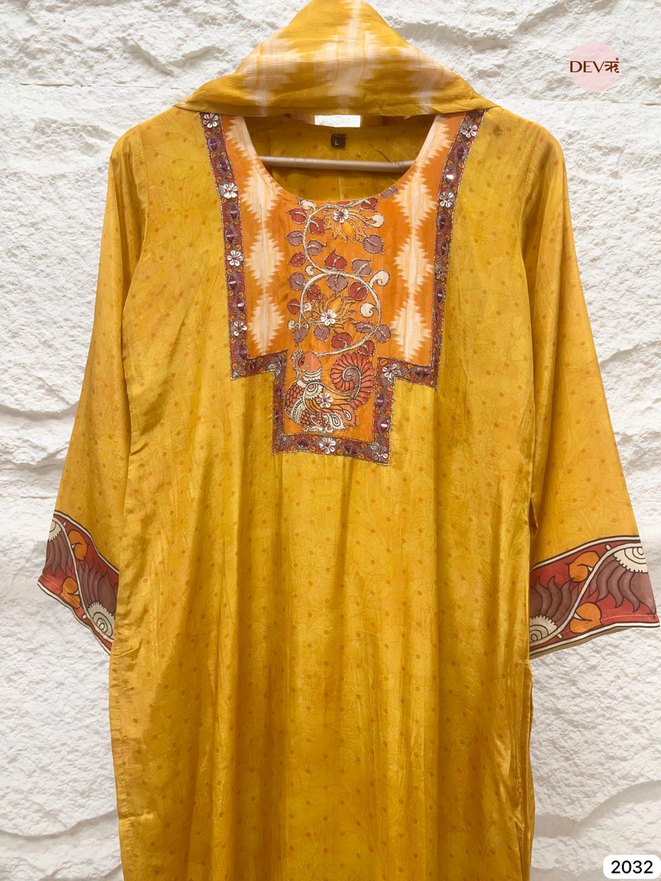 Kesarika Russian Silk Embroidered Mustard 3-Piece Set (Devri – D.No 2032)