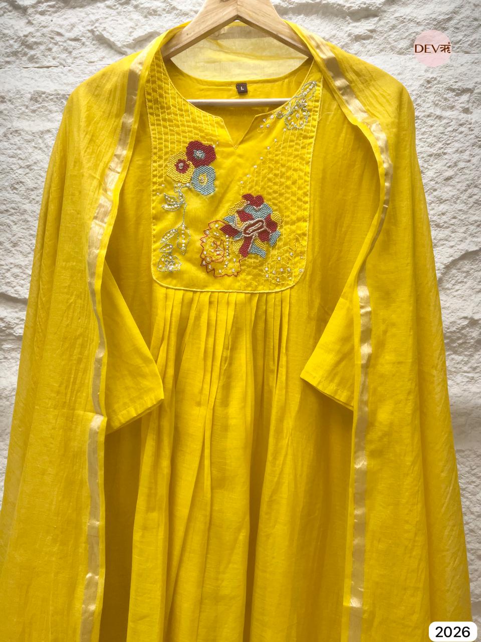 Vasiree Chanderi Hand-Embroidered Yellow 3-Piece Set (Devri – D.No 2026)