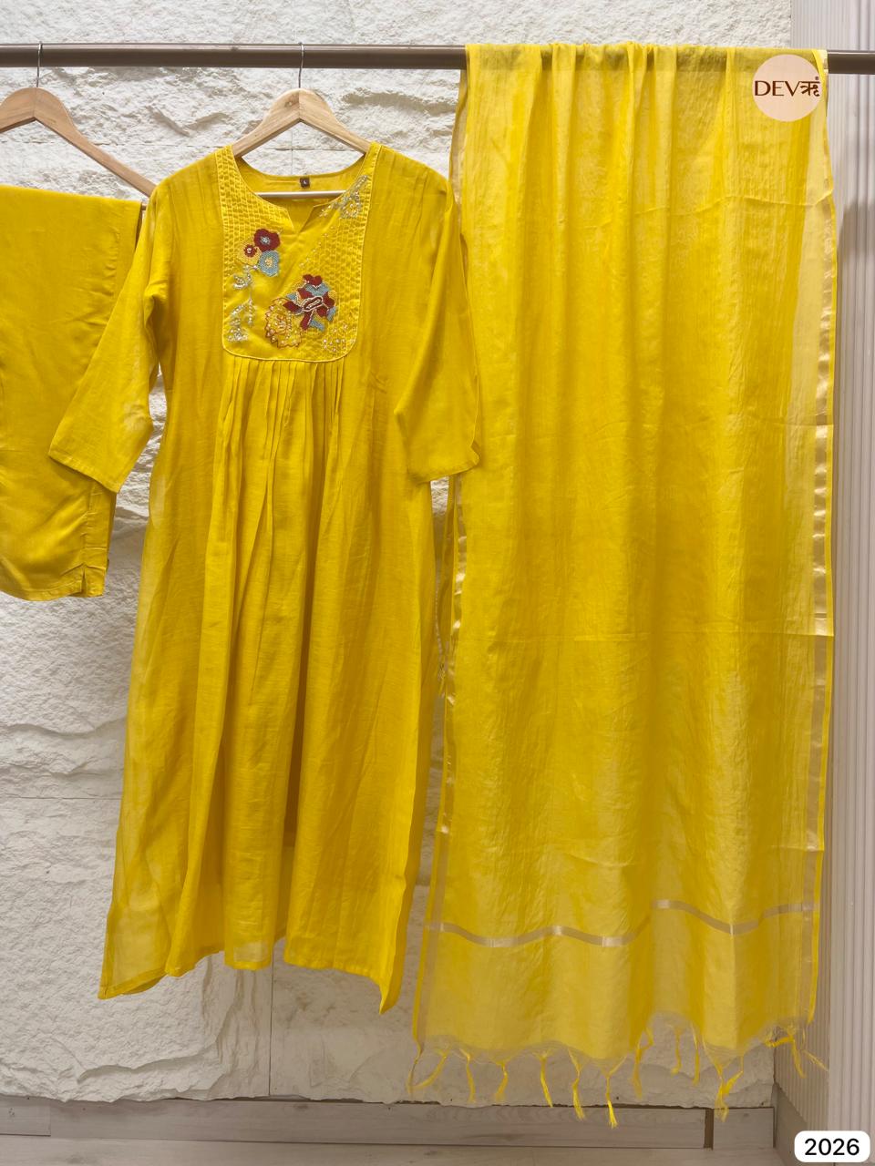 Vasiree Chanderi Hand-Embroidered Yellow 3-Piece Set (Devri – D.No 2026)