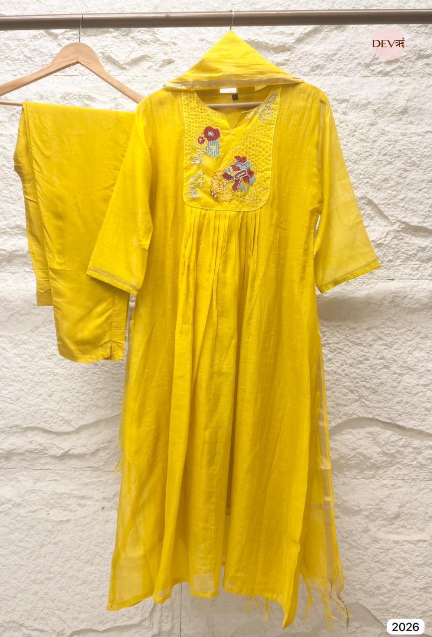 Vasiree Chanderi Hand-Embroidered Yellow 3-Piece Set (Devri – D.No 2026)
