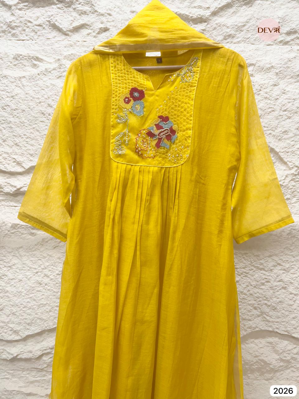 Vasiree Chanderi Hand-Embroidered Yellow 3-Piece Set (Devri – D.No 2026)